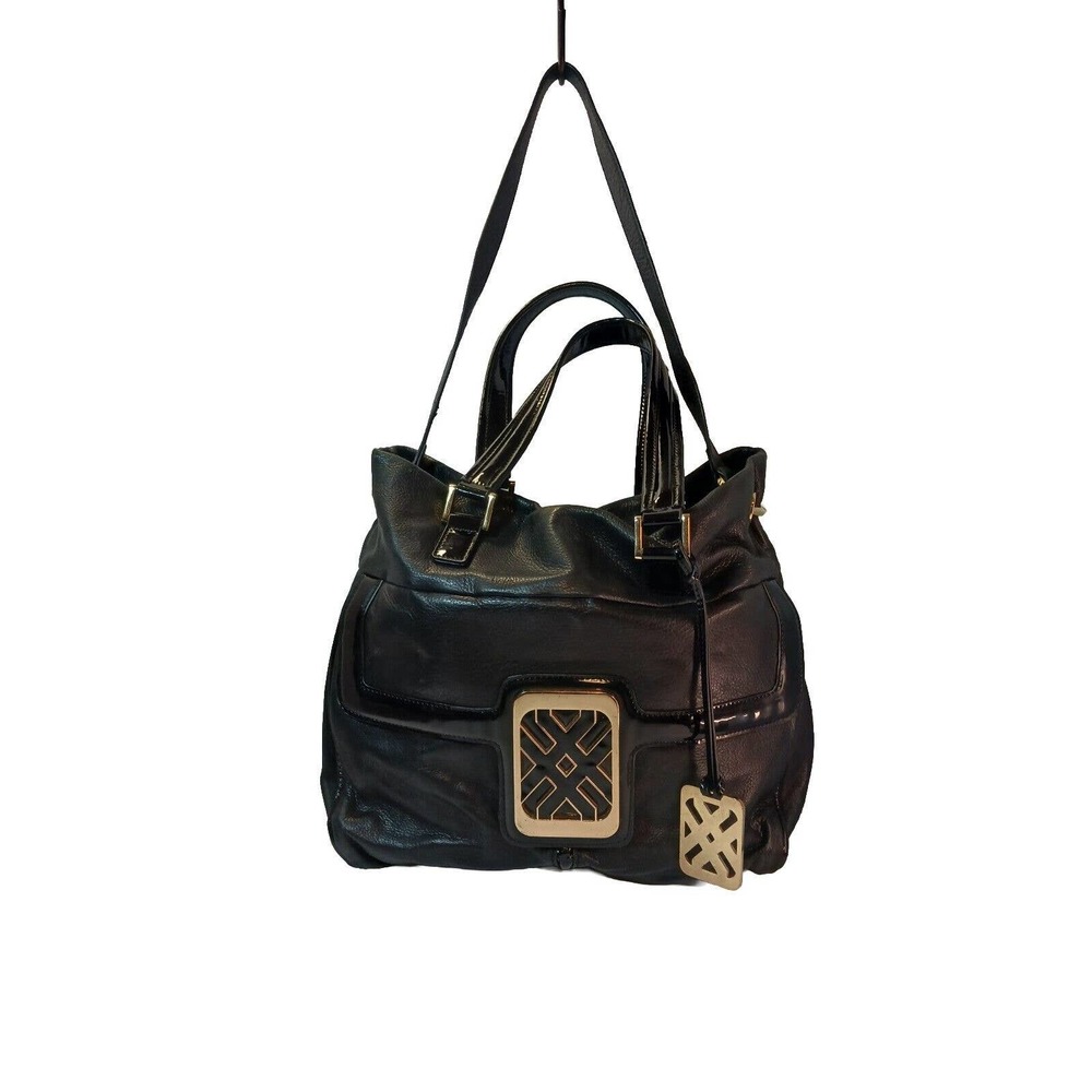 Joelle Hawkens LOGO Classic Black Leather And Patent Tote Satchel Shoulder Bag